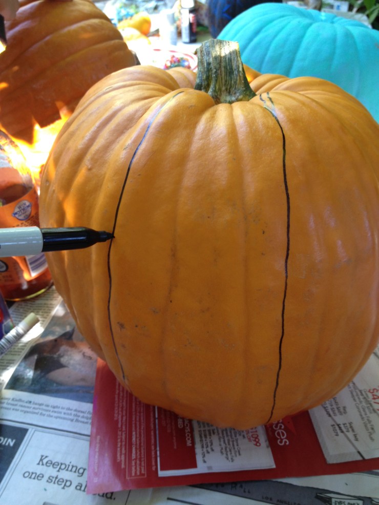 Step 1: Draw a wide stripe on either side of the pumpkin.