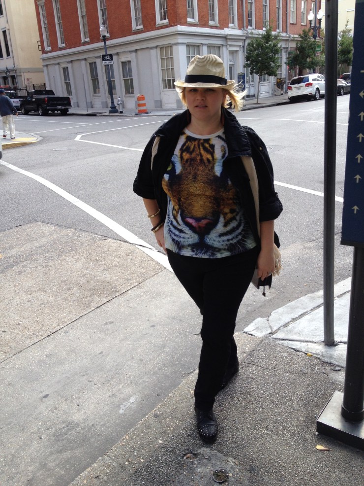 Pants: Macy's, T-shirt & bag: Forever21, Jacket: Ross, Boots: AMI Club Wear, Hat: Santee Alley, Downtown L.A. Location: Magazine Street, New Orleans, LA